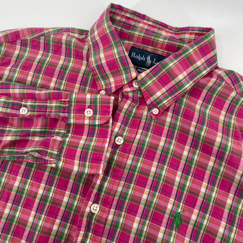 Ralph Lauren Button Down Men M Pink Plaid Custom Fit Long Sleeve Pony Logo